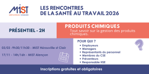 RST 2026 : Produits chimiques (présentiel) - 17/11/2026 - de 14h à 16h - MIST Alençon - Évènements de MIST Normandie RST 2026 : Produits chimiques (présentiel) - 17/11/2026 - de 14h à 16h - MIST Alençon - Évènements de MIST Normandie